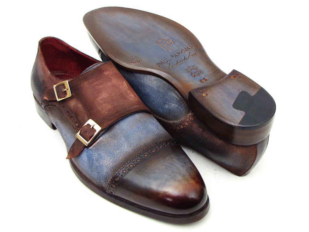 Introducing the Paul Parkman Captoe Double Monkstrap, a luxurious pair of shoes crafted from Italian calfskin. This model, 045AN14, combines exquisite antique blue and brown suede with decorative brogue detailing for a sophisticated look.