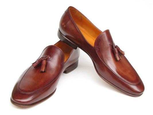 The Paul Parkman Tassel Loafer Brown Hand Painted - 049-BRW, presented at an angle, highlights the sophisticated design of men's slip-on shoes from the Paul Parkman brand.
