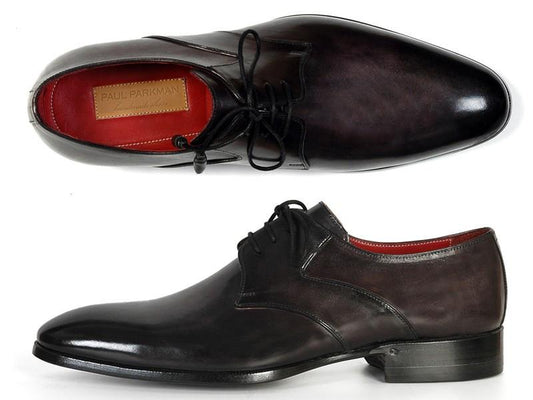 Top and side view of the Paul Parkman Anthracite Black Derby Shoes - 054F-ANTBLK, crafted from polished black leather with laces and featuring a red interior.