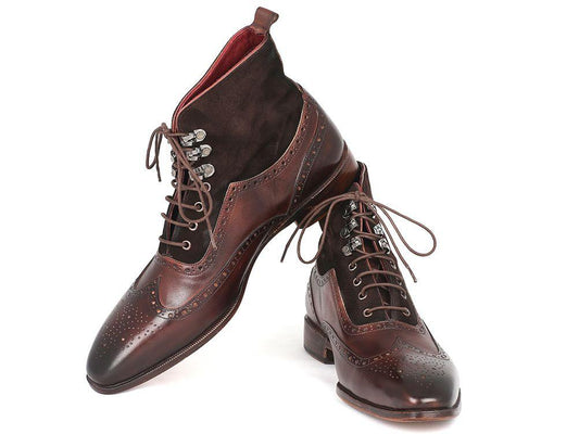 Introducing the Paul Parkman Wingtip Boots Brown Suede & Calfskin - 991-BRW. These men's made-to-order boots from Paul Parkman feature dark suede uppers with detailed perforations and lace-up fronts, seamlessly blending classic style with bespoke craftsmanship.