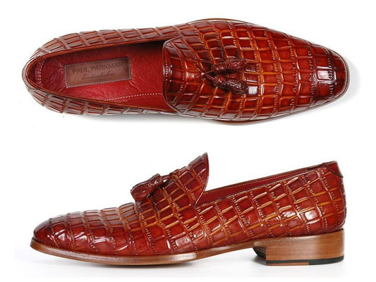 The Paul Parkman Reddish Camel Croc Embossed Calfskin Tassel Loafers - 0823-RDSH combine a woven texture with crocodile embossed leather, offering a luxurious touch.