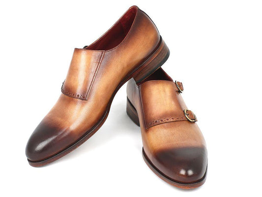 Experience the elegance of the Paul Parkman Two Tone Double Monkstrap Shoes - HT54-CML, meticulously crafted with hand-painted brown leather and a polished finish. These distinguished shoes feature a double monk strap and a decorative buckle on one shoe, complemented by a durable leather sole for enduring comfort and style.