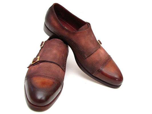 A pair of Paul Parkman Captoe Double Monkstrap shoes in antique brown suede, crafted with rich Italian calfskin and intricate brogue detailing, set against a white background.
