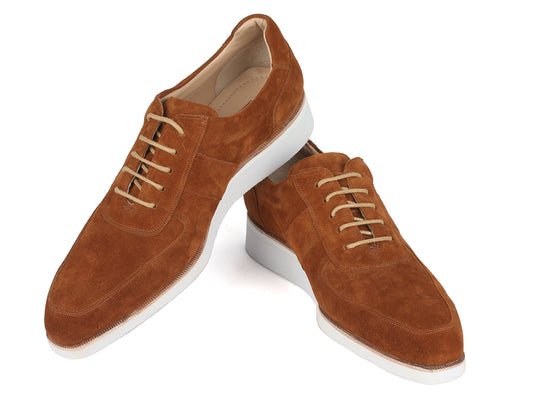 The Paul Parkman Men's Casual Shoes in camel suede, model 192-SD-CML, feature a stylish white sole and are elegantly displayed against a pristine white background.