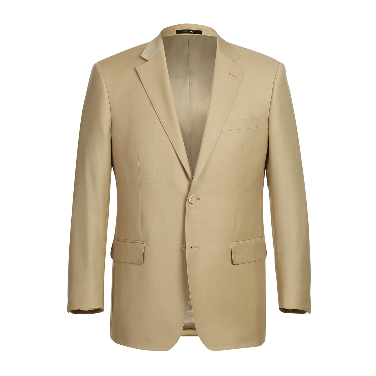The Renoir Alessandro Vitello Tan 2-Piece Slim Fit Wool Suit, model 508-4, boasts a notch lapel and is designed with two buttons and two front pockets. Displayed on a plain white background, its slim fit ensures it is a versatile addition to any wardrobe.