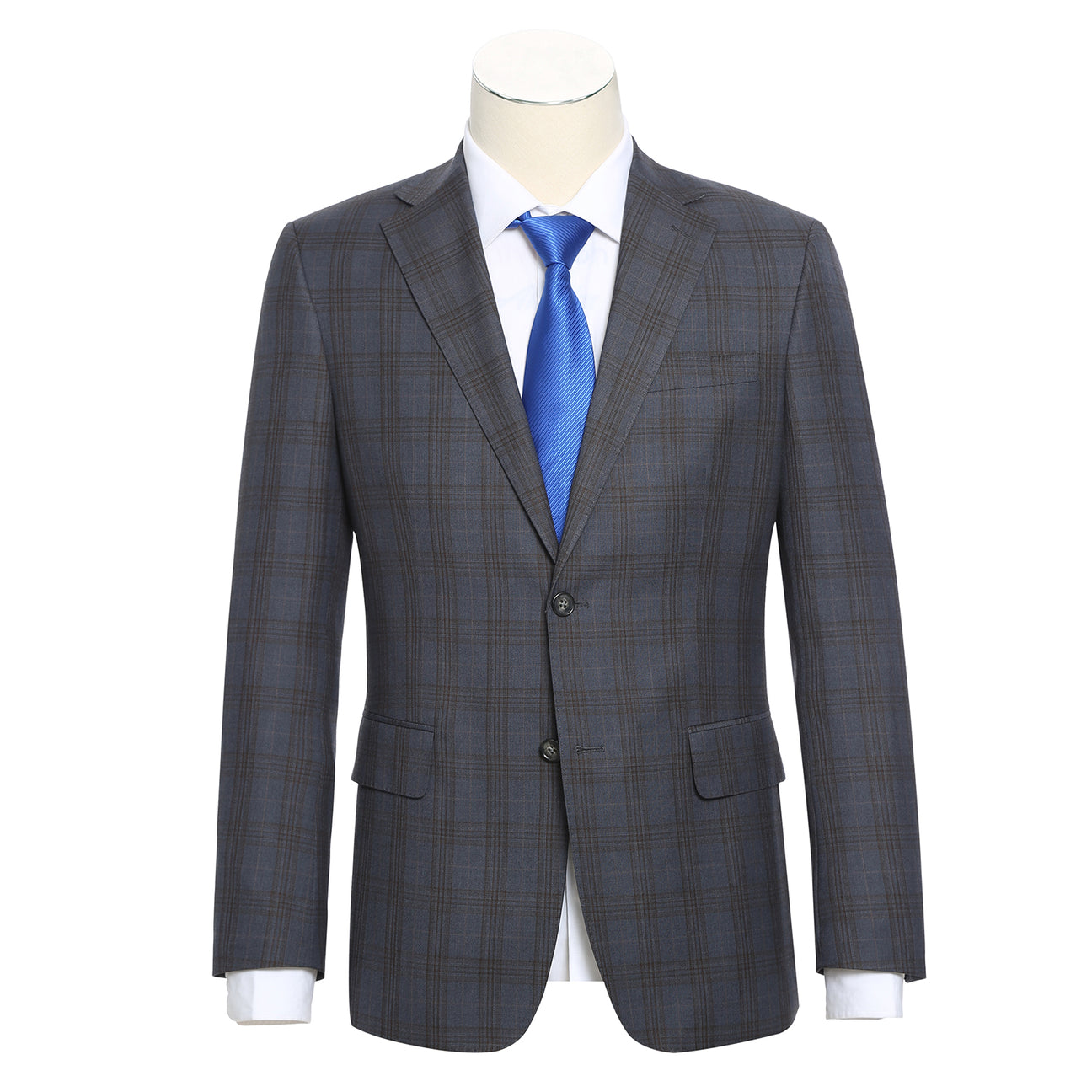 Displayed on a white background, the ENGLISH LAUNDRY Gray with Tan Check Notch Suit 72-55-555 from English Laundry's men's stylish suit collection boasts a two-button closure and side pockets, combining classic style with modern functionality.