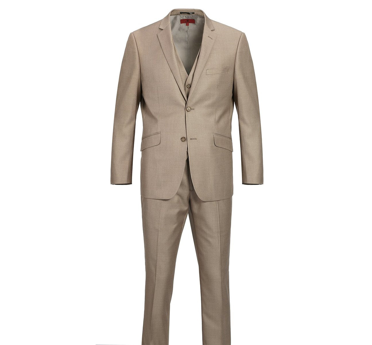 The Renoir Alessandro Vitello 2-Piece Classic Fit Suit, model 202-3, is showcased on a plain background and comes in an elegant beige. The ensemble includes a single-breasted jacket with two buttons and coordinating trousers, making it ideal for office wear.