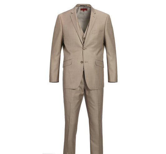 The Renoir Alessandro Vitello 2-Piece Classic Fit Suit, model 202-3, is showcased on a plain background and comes in an elegant beige. The ensemble includes a single-breasted jacket with two buttons and coordinating trousers, making it ideal for office wear.