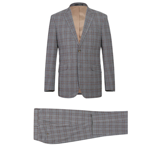 Presenting the RENOIR Two Piece Slim Fit Stretch Windowpane Check Dress Suit 293-7 by Renoir, showcasing a sleek single-breasted blazer paired with matching pants in a contemporary fit.