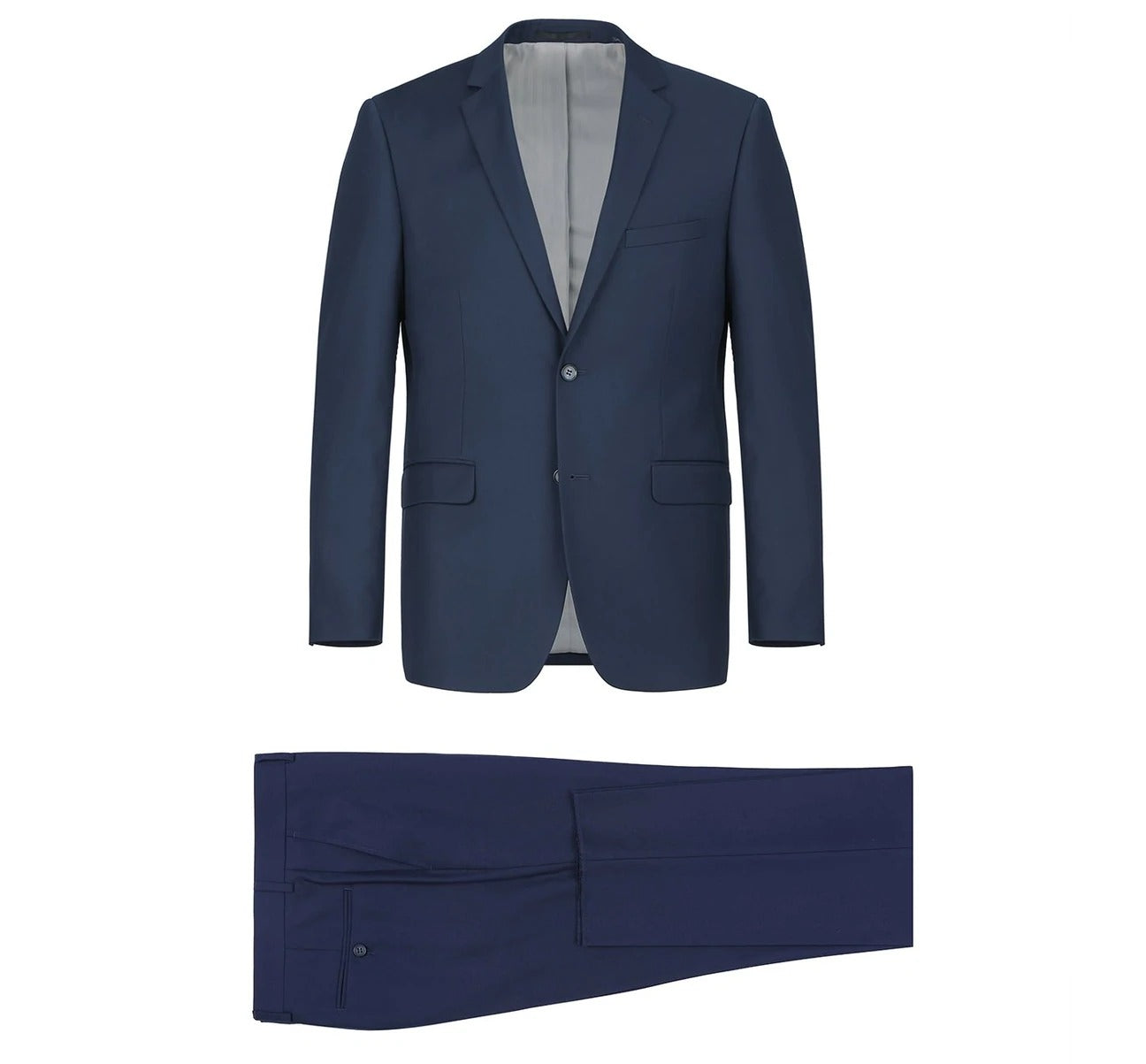 The Alessandro Vitello by Renoir Navy Blue 2-Piece Classic Fit Single Breasted Notch Lapel Suit 201-19 provides lightweight comfort, featuring a single-breasted jacket and matching pants, all showcased on a white background.