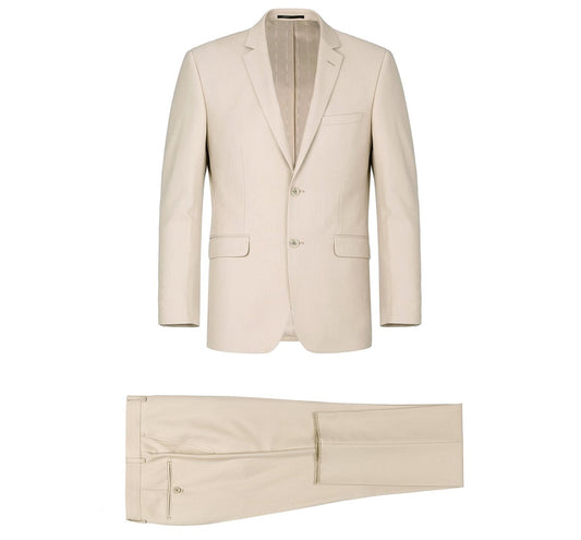 The Alessandro Vitello by Renoir beige 2-piece slim fit single-breasted notch lapel suit, featuring a blazer with two buttons and slim-fit pants, is displayed against a white background, exuding timeless elegance.