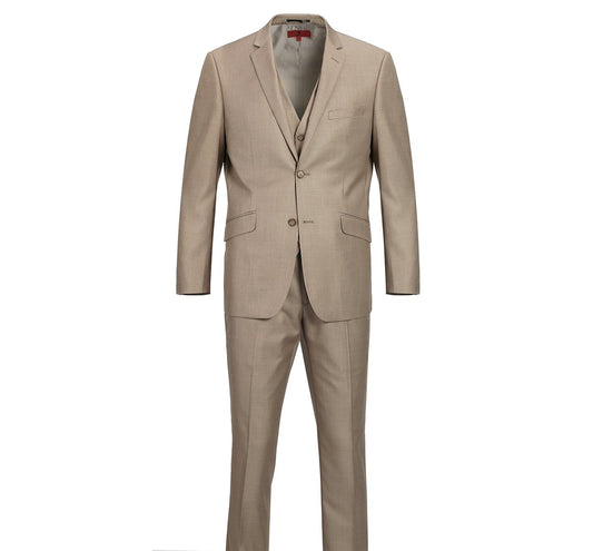 The Alessandro Vitello by Renoir 2-piece men's suit features a slim fit design and includes a sleek blazer and trousers, presented on a white background. Perfect for office wear, this ensemble from Renoir is an ideal choice for stylish professionals.