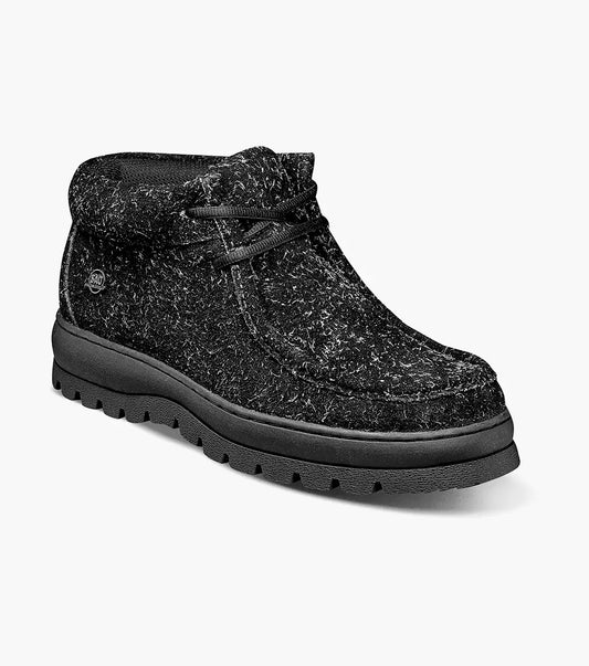 Product Description: The Stacy Adams Dublin II Moc Toe Boot in Black Multi, style number 63169-009, features a textured finish, lace-up front, and a durable rubber outsole. It is showcased against a plain white background.