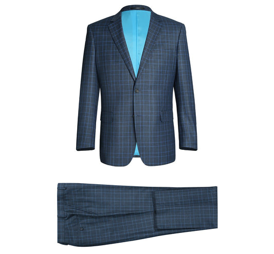 The RENOIR Blue Two Piece Classic Fit Windowpane Check Dress Suit 293-6, by Renoir, is a classic fit men's suit featuring a matching jacket and trousers with bright blue lining.