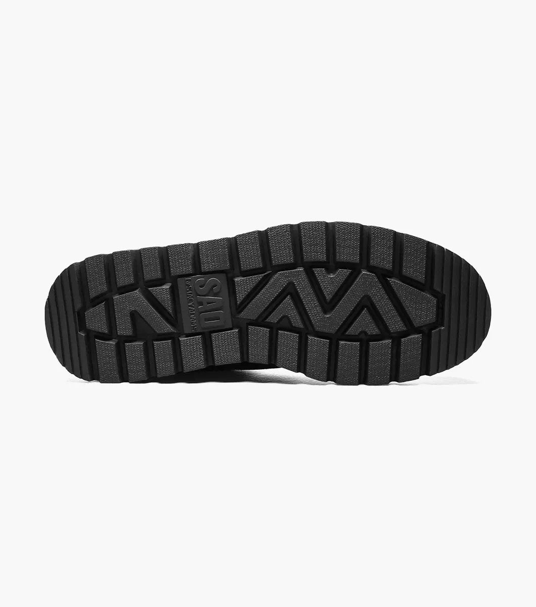The STACY ADAMS Dublin II Moc Toe Boot (Black Smooth, 63169-57) features a lace-up design, thick textured sole, and classic moc toe style, shown here against a plain white background.