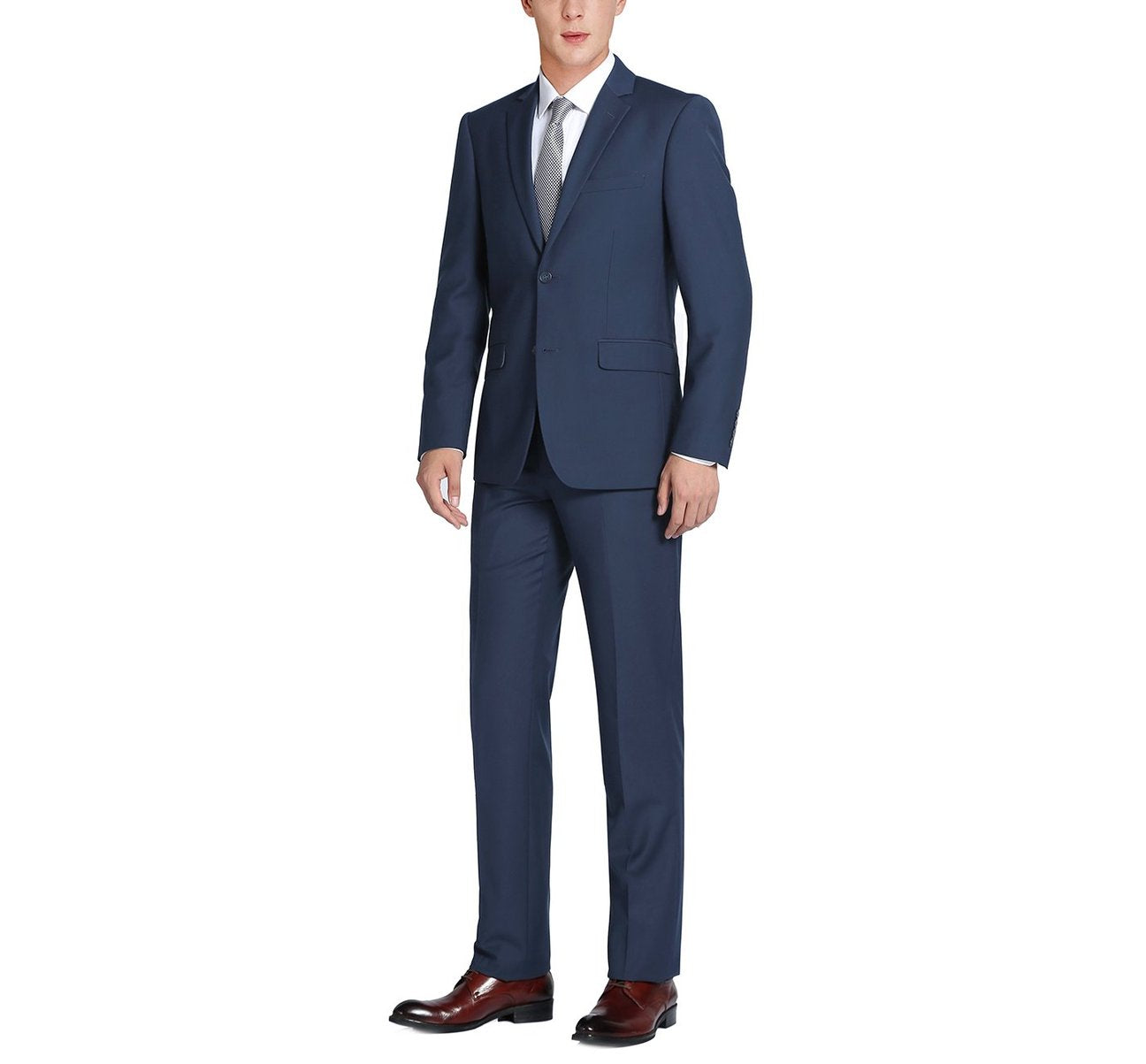 The Alessandro Vitello by Renoir Navy Blue 2-Piece Classic Fit Single Breasted Notch Lapel Suit 201-19 provides lightweight comfort, featuring a single-breasted jacket and matching pants, all showcased on a white background.