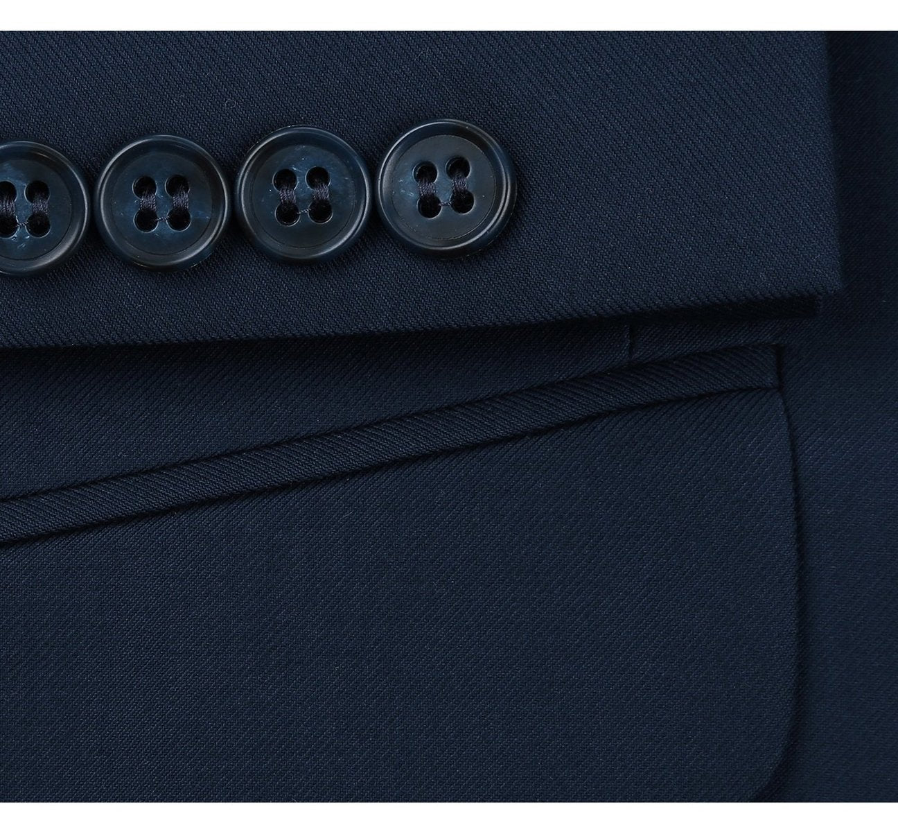 The Alessandro Vitello by Renoir Navy Blue 2-Piece Classic Fit Single Breasted Notch Lapel Suit 201-19 provides lightweight comfort, featuring a single-breasted jacket and matching pants, all showcased on a white background.