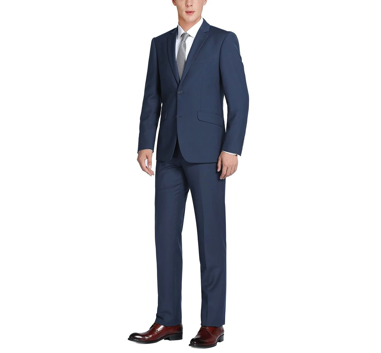 The Alessandro Vitello by Renoir Navy Blue 2-Piece Classic Fit Single Breasted Notch Lapel Suit 201-19 provides lightweight comfort, featuring a single-breasted jacket and matching pants, all showcased on a white background.