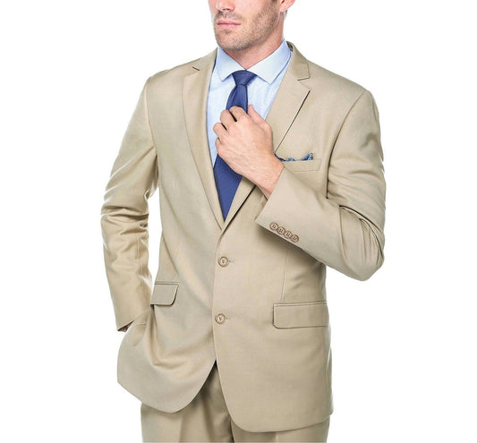 A man wearing the Alessandro Vitello by Renoir 2-Piece Slim Fit Notch Lapel Solid Suit 203-11 is adjusting his blue tie with one hand against a plain white background.