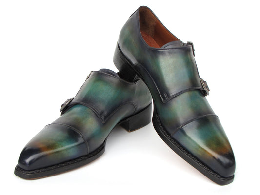 Paul Parkman presents the Men's Cap Toe Double Monkstrap Shoes in Green & Blue Patina, model 2598-5BG. These polished leather dress shoes are hand-painted and feature a distinctive double monk strap design with subtle brown accents, available as a made-to-order product.