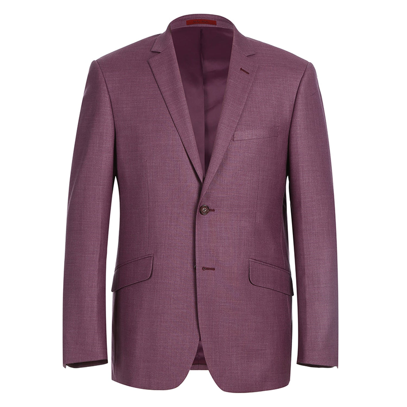 The Alessandro Vitello by Renoir Berry Slim Fit Notch Lapels Solid Suit 293-16 is a suit jacket in berry color, made from durable polyester. It features a slim fit with a single-breasted design, two buttons, and two front pockets.
