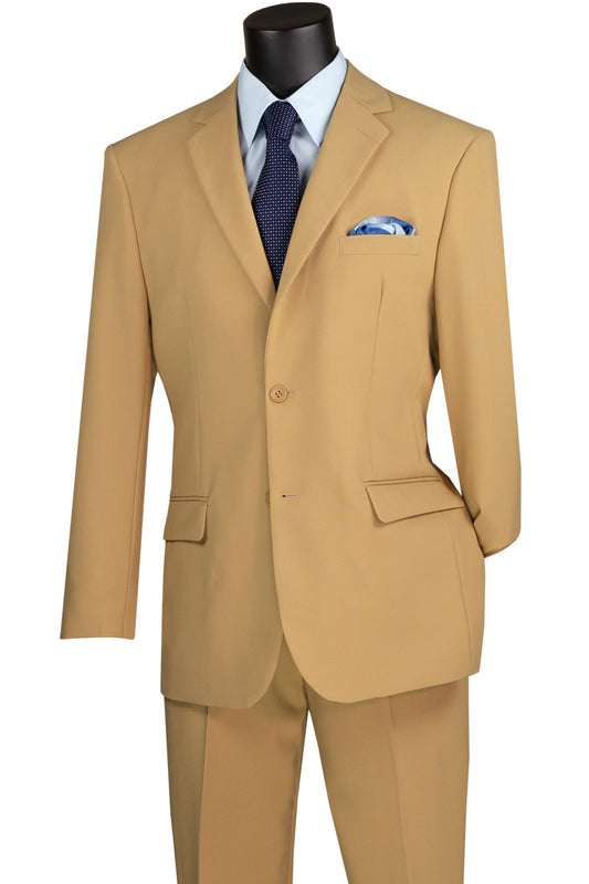On display, the Vinci Suits Single Breasted Poplin Dacron Suit in Khaki 2PP features a sleek 2-button jacket with flat-front pants. Complemented by a blue tie and matching pocket square, this ensemble elegantly stands out against the plain background.