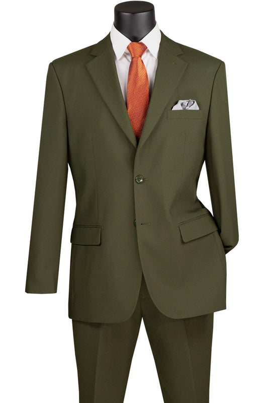 Craft a sophisticated look with Vinci Suits’ Single Breasted Poplin Dacron Suit in Olive, highlighted by flat front pants and side vents. Pair it with a crisp white shirt and a vibrant orange tie, finished with a neatly folded pocket square.