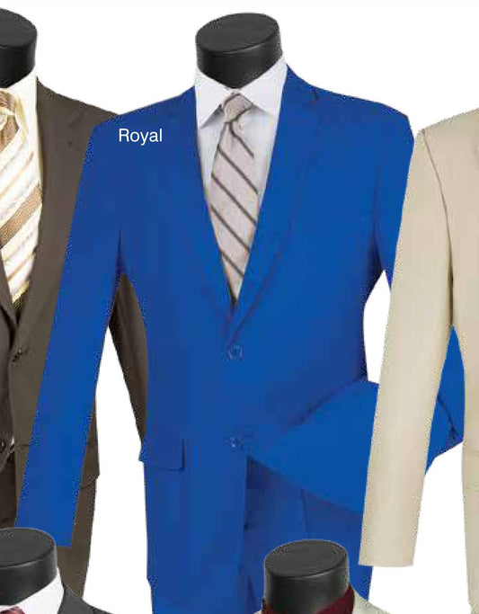 Vinci Suits' 'Single Breasted Poplin Dacron Suit (Royal) 2PP' is showcased on mannequins with a white shirt and striped tie. The display includes other colorful suits, featuring 2-button detailing and flat front pants for a modern, sleek look.