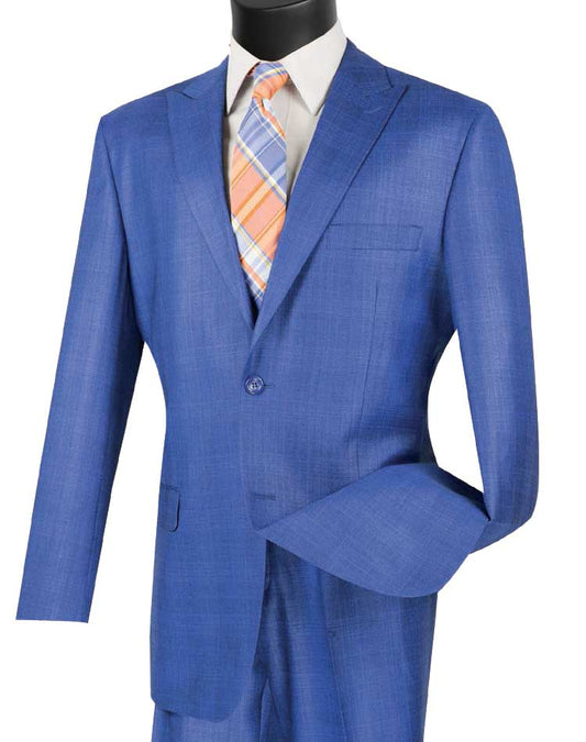 The Glen Plaid Dress Suit 2 Piece Regular Fit in blue by Vinci Suits, paired with a white shirt and striped orange and blue tie, features flat-front pants and a buttoned jacket with one folded sleeve for a sleek look.