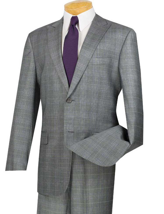 The mannequin features a Vinci Suits Glen Plaid Dress Suit, 2-piece regular fit in gray (Model: 2RW-1), paired with a white dress shirt and a dark purple tie.