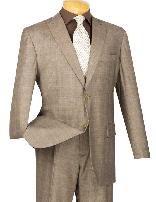 The Vinci Suits Glen Plaid Dress Suit 2 Piece Regular Fit in Tan is displayed on a mannequin, complemented by flat front pants, a dark brown shirt, and a light patterned tie.