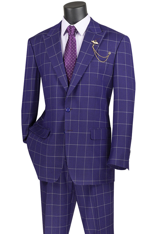 A mannequin showcases the Vinci Suits 2 Piece Windowpane Suit (Purple) 2RW-2, complete with a complementary polka dot tie and stylish lapel chain.