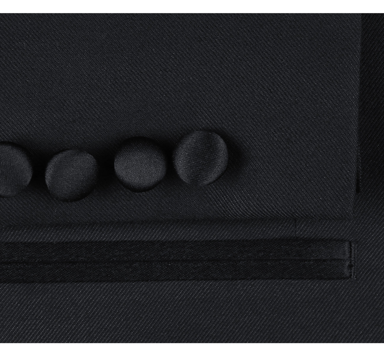 The Renoir Alessandro Vitello Slim Fit Black Tuxedo, featuring satin peak lapels, front pockets, and buttoned cuffs, is perfect for black tie events and elegantly stands out on a plain background.