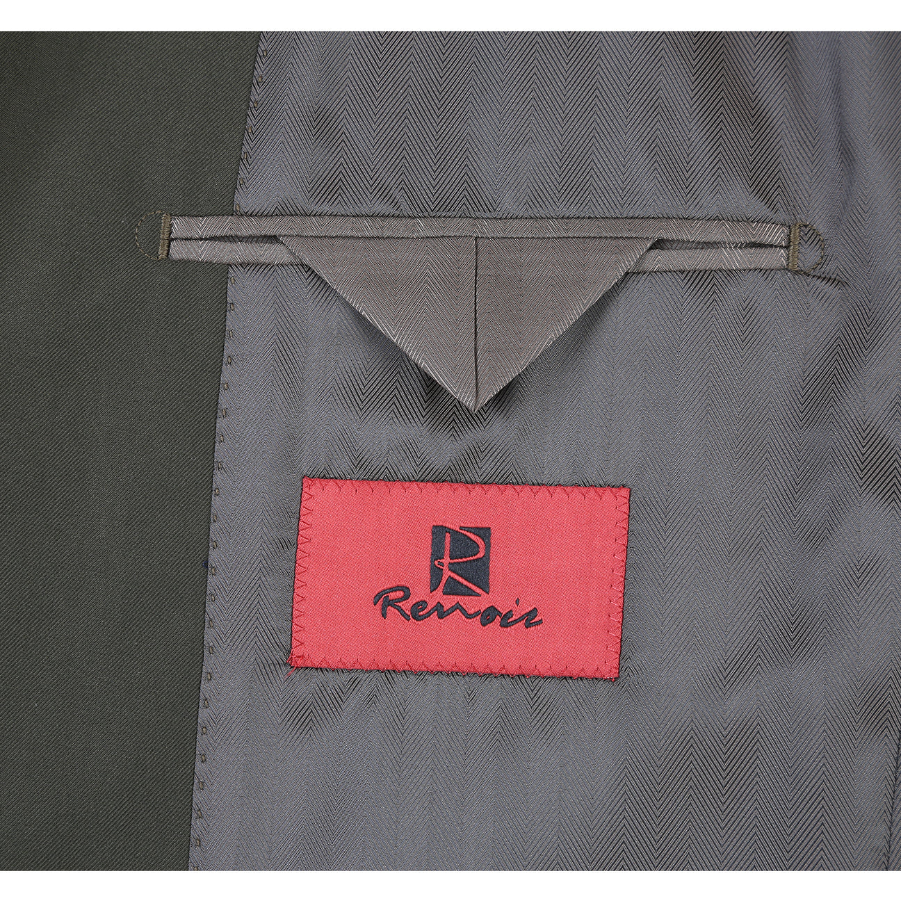 The Alessandro Vitello by Renoir 2-Piece Slim Fit Single Breasted Notch Lapel Olive Suit 201-10 is shown, featuring a slim-fit, single-breasted blazer with matching trousers set against a white background.