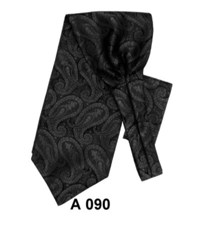 The black tie featuring a paisley pattern, listed as part of Unique Design Menswear's "Paisley Satin Ascot With Matching Handkerchief (3 Colors)," is crafted entirely from polyester and comes with a coordinating handkerchief.