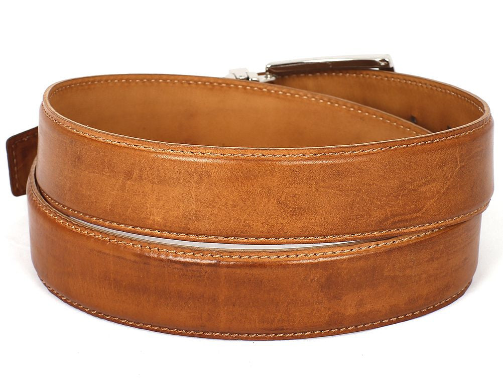 The Paul Parkman Men's Handmade Leather Belt, hand-painted in tobacco brown with a silver buckle, elegantly displays the Paul Parkman brand name engraved on the metal loop and rests coiled on a white background.