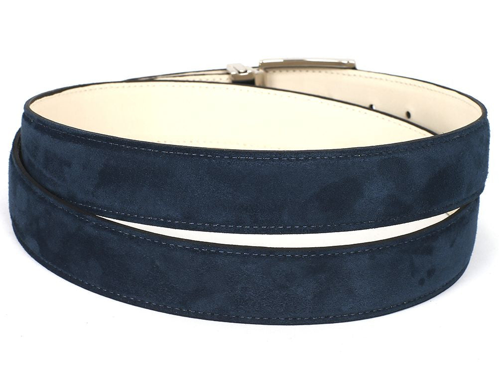 The Paul Parkman Men's Handmade Premium Suede Belt Navy B06 features hand-painted navy suede, a silver buckle, and a metal plate engraved with the Paul Parkman brand name for timeless sophistication.