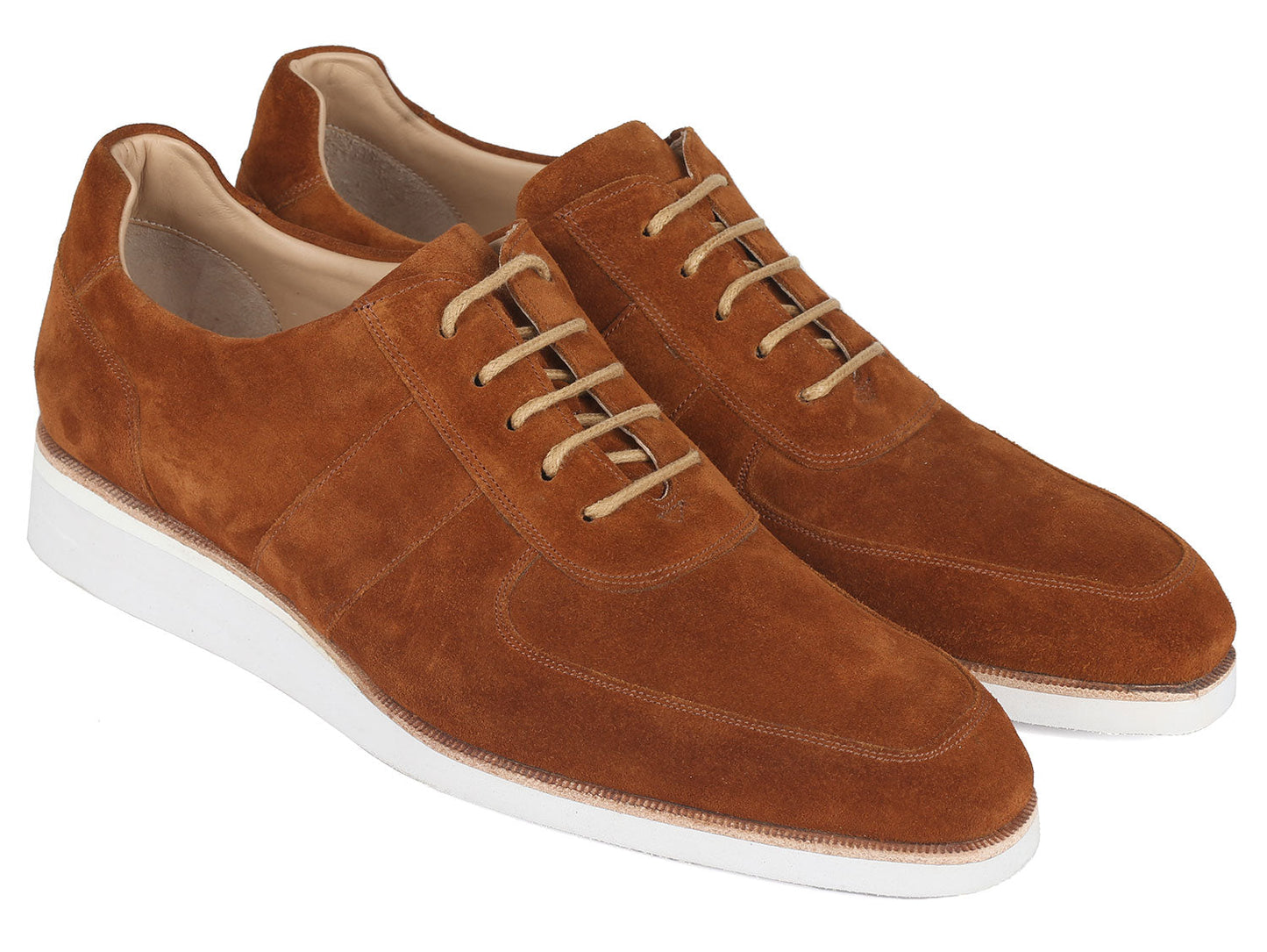 The Paul Parkman Men's Casual Shoes in camel suede, model 192-SD-CML, feature a stylish white sole and are elegantly displayed against a pristine white background.