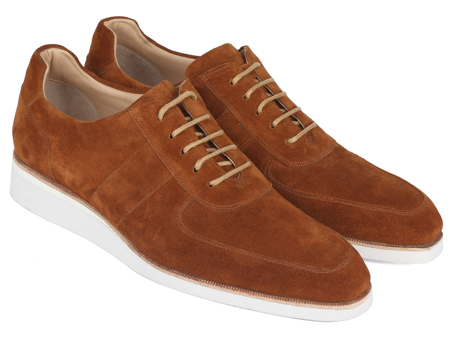 The Paul Parkman Men's Casual Shoes in camel suede, model 192-SD-CML, feature a stylish white sole and are elegantly displayed against a pristine white background.