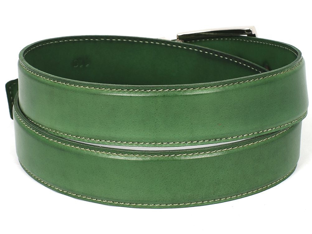 Paul Parkman's hand-painted green leather belt, crafted from Italian calfskin, features a silver buckle, visible stitching, and an elegantly engraved logo on the side.