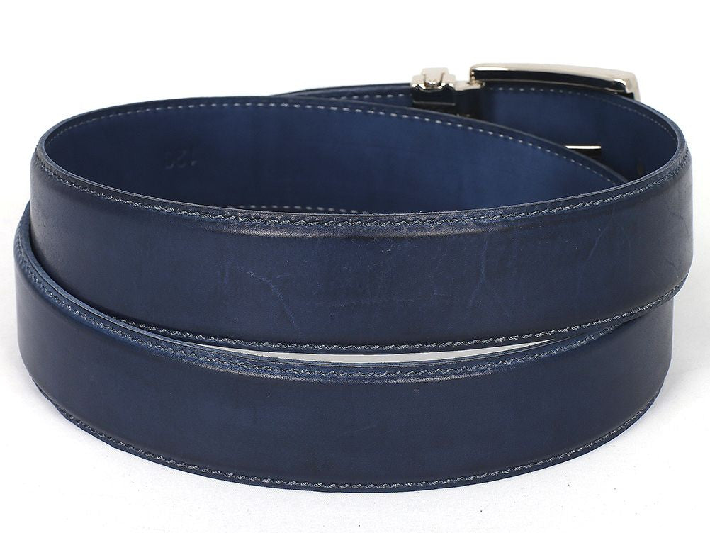 The Paul Parkman Men's Handmade Leather Belt Hand-Painted Navy B01-A is crafted from Italian calfskin leather with a silver buckle engraved "PAUL MAN" beside the buckle.