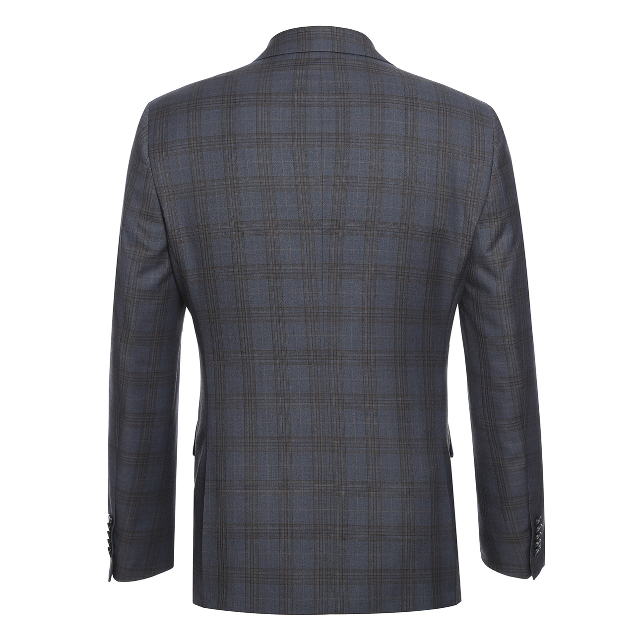 Displayed on a white background, the ENGLISH LAUNDRY Gray with Tan Check Notch Suit 72-55-555 from English Laundry's men's stylish suit collection boasts a two-button closure and side pockets, combining classic style with modern functionality.