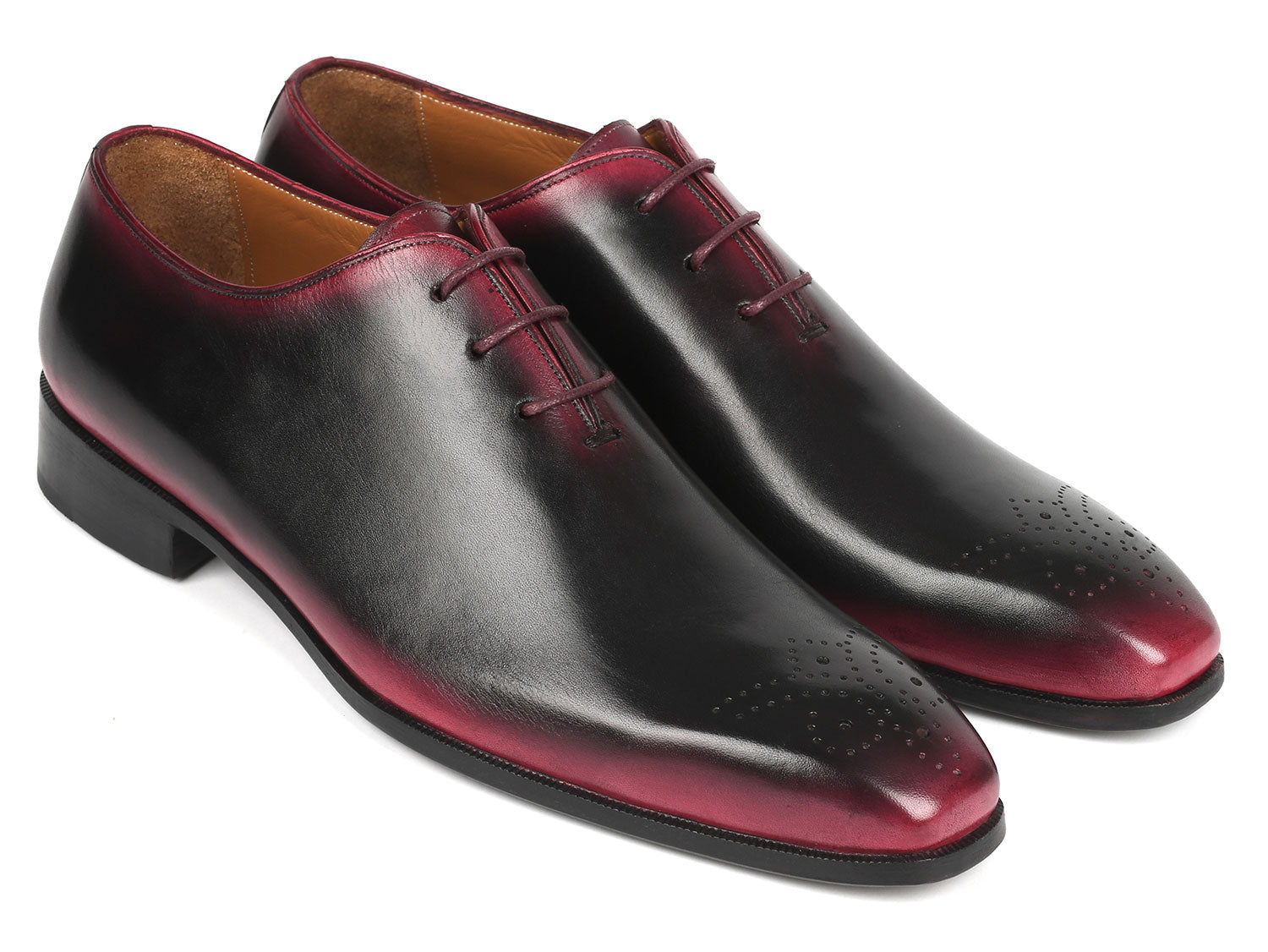 A pair of Paul Parkman Black & Red Men's Oxford Shoes (Model: KR254-01-83), handcrafted with polished black and burgundy leather featuring hand-painted details and intricate brogue work, elegantly stacked on a white background.