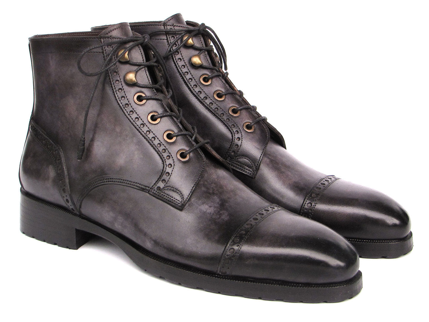 The image showcases the Paul Parkman Men's Gray & Black Hand-Painted Cap Toe Boots - BT9566-GRY, a pair of dark gray leather lace-up boots with a polished finish, decorative perforations, and a classic cap toe design, set against a white background.