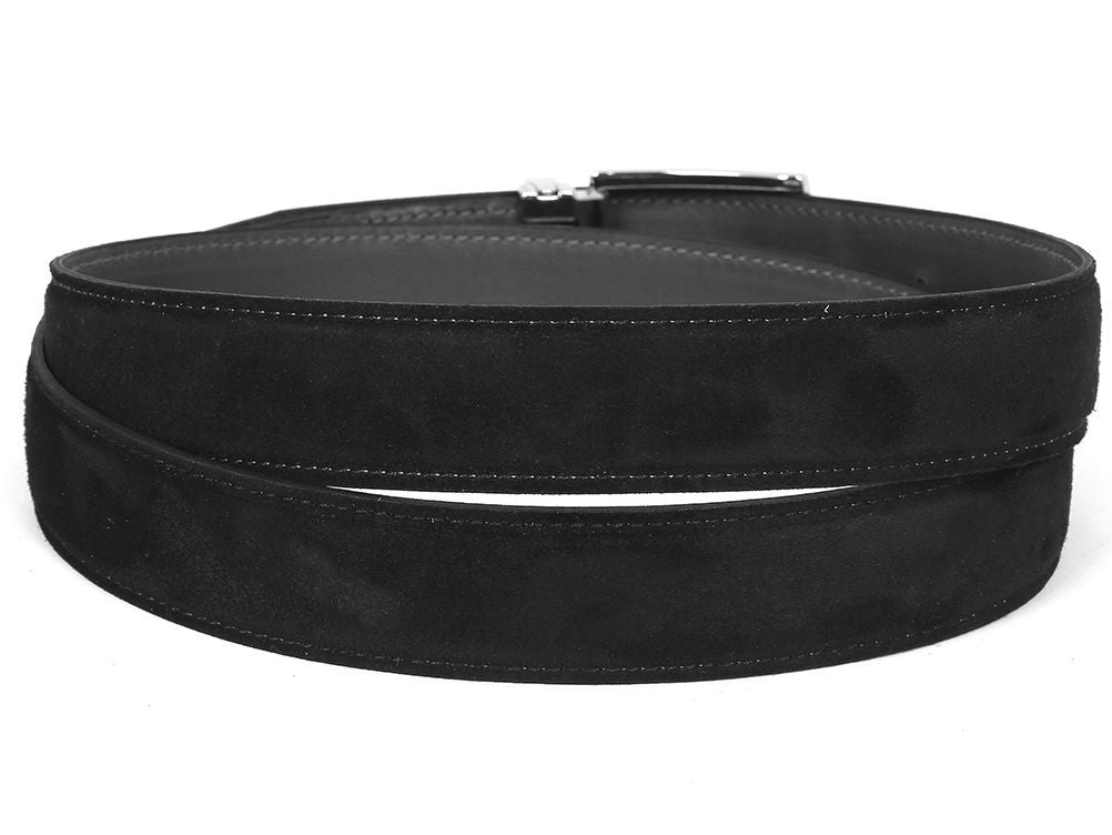 The Paul Parkman Men's Handmade Premium Suede Belt Black B06 is a made-to-order black suede belt with a silver rectangular buckle, engraved with "PAUL PARKMAN".