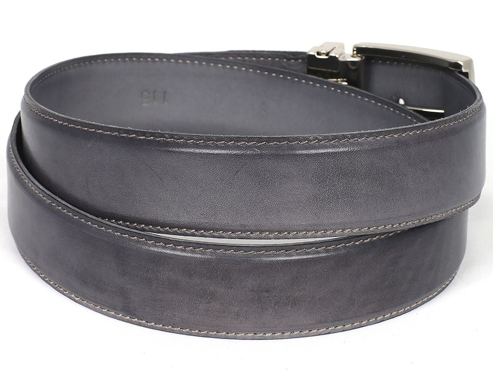 The Paul Parkman Men's Handmade Leather Belt Hand-Painted Gray B01-A features a hand-painted gray Italian leather strap with a silver rectangular buckle and "Paul Parkman" engraved on a metal tag near the buckle.