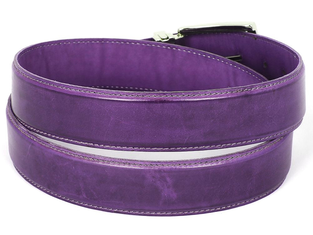 The Paul Parkman Leather Belt Hand-Painted Purple - B01-PURP, crafted by Paul Parkman, is made from luxurious Italian calfskin leather and features a gleaming silver buckle.