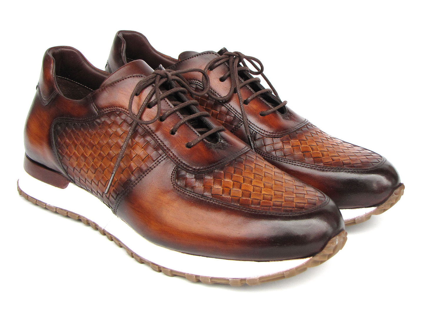 Paul Parkman Men's Brown Hand-Painted Woven Leather Sneakers - LW205BRW, featuring a woven pattern with brown leather, white soles, and brown laces, crafted as made-to-order shoes.