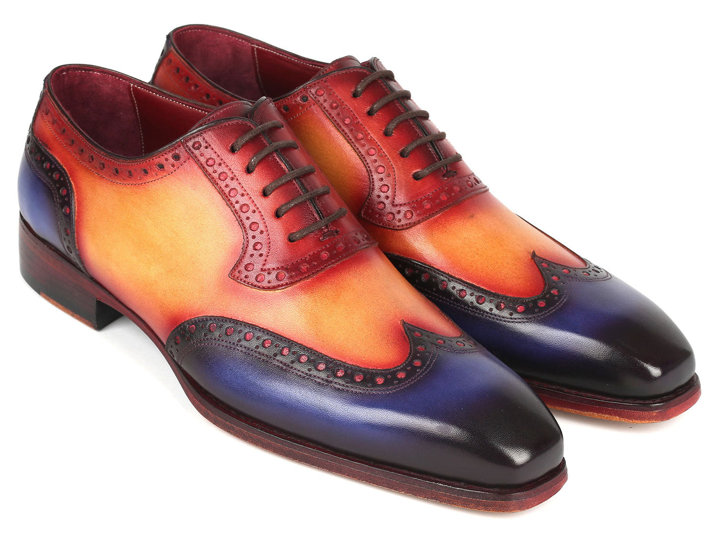The Paul Parkman Goodyear Welted Men's Wingtip Oxfords Multicolor - 6819-MLT feature a handcrafted design with ombre colors of red, orange, and purple, wingtip oxford brogue detailing, and black laces.