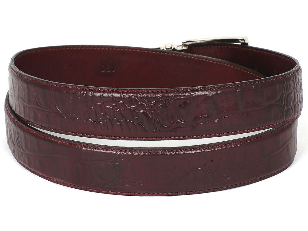 The Paul Parkman Men's Crocodile Textured Leather Belt Bordeaux B02 features a dark brown crocodile pattern, a silver buckle, and a metal plate engraved with "Paul Parkman.